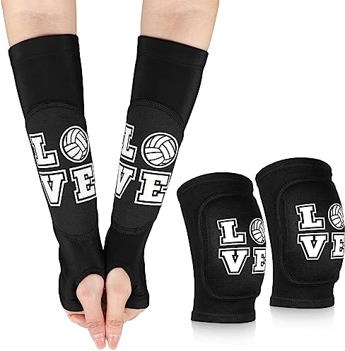 Ramede Volleyball Knee Pads and Arm Sleeves with Protection Pad Forearm Elbow Sleeve with Thumbhole Volleyball Accessories Gear for Girls Women(2 Pairs,Black,Volleyball)