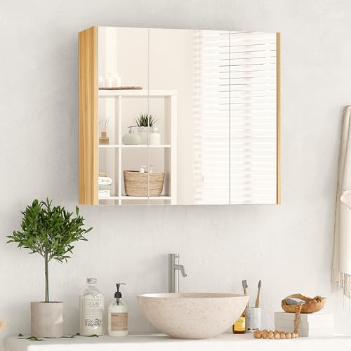 kleankin Spiegelschrank, Badschrank mit 3 Regalen, Hängeschrank mit Spiegel, 3-Türiger Badspiegelschrank, Wandschrank für Schlafzimmer, Badezimmer, 68 x 22 x 60 cm Weiß