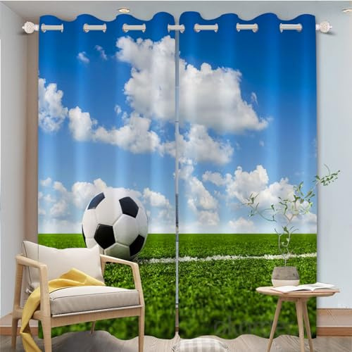 FABTOP Fußball Gardinen Verdunklungsgardine Kinder Jungen Sport Vorhänge 3D-Druck Fußball Kunst Gardinen Blickdicht Für Kinderzimmer Wohnzimmer (2,100×140BxH (50×140cm×2))