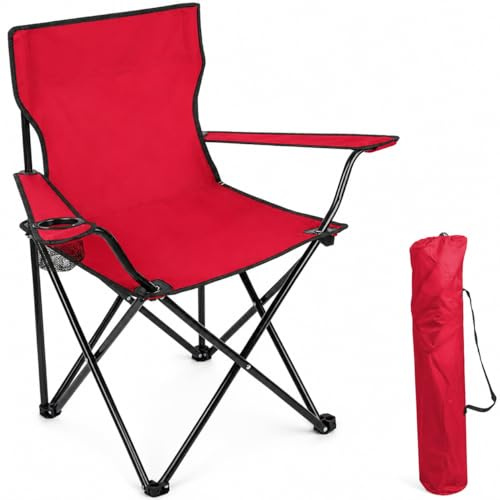 BESCH Silla Plegable para Camping de Acero con Portavaso 45x45x80cm Carga Máxima 110Kg - Silla para Exterior, Picnic, Jardín y Pesca (Rojo)