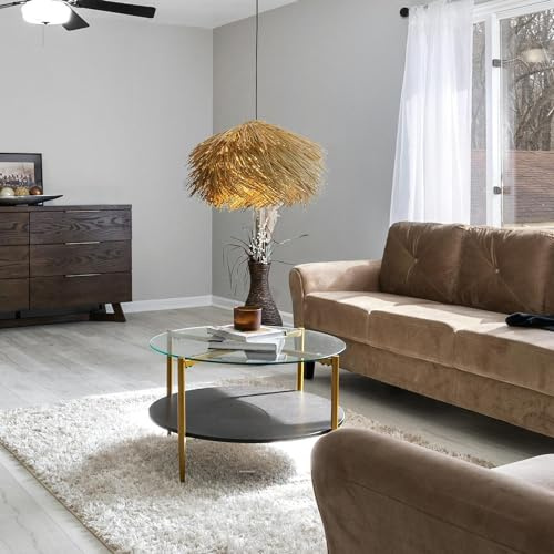 FWX Handgewebte Pendelleuchte Rattan E27 kreative Dekoration Restaurant Lampe Bar Kronleuchter Home Retro Pastoral Stil Hängelampe Schlafzimmer Garderobe Korridor Eingangsbeleuchtung(Natural,40CM)