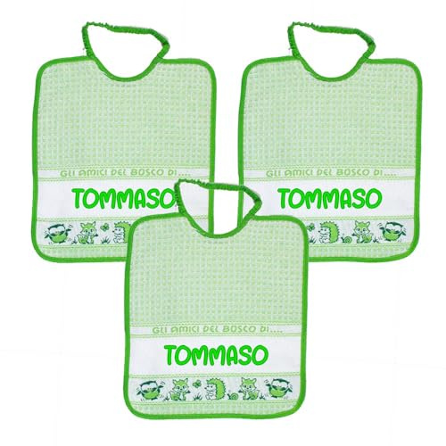 Bubabù 3 baberos personalizados con nombre Bosco, esponja con elástico, 28 x 33 cm – Algodón 100% Made in Italy, Verde, 28x33 cm