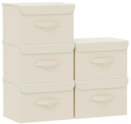 ENUMAIL 5 Pezzi Organizzatore Armadio Pieghevoli con Coperchi, Cubo di Stoccaggio in Tessuto con Manici, per Vestiti da Letto a Casa, Ufficio, Scuola, 26×20×17cm, Beige