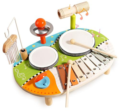Kingbar Tambour Jouet Bebe, 6 en 1 Ensemble De Batterie Musical Jouet en Bois, Xylophone Carillons éoliens Musicaux Percussion Table, Jeux Montessori pour Garçons Et Fille, B