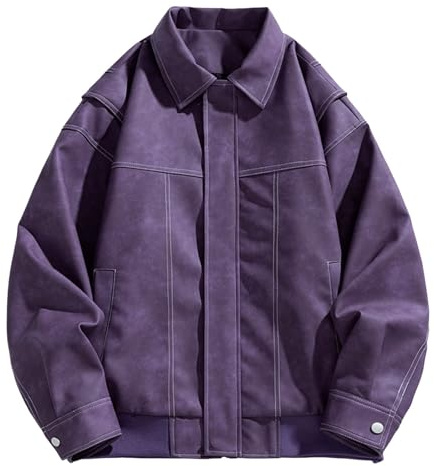 Giacca in pelle da uomo in ecopelle, vintage, softshell, alla moda, tinta unita, per le mezze stagioni, con bottoni, vestibilità larga, casual, con tasche, per il tempo libero, comoda