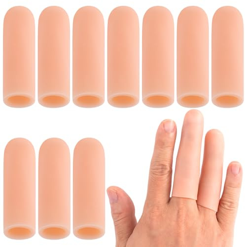 Joez Wonderful 10pcs Gel Finger Cots, Long Silicone Finger Protectors, Finger Caps Covers Finger Sleeves Fingertips Protection for Finger Cracking Blister (Beige, Small)