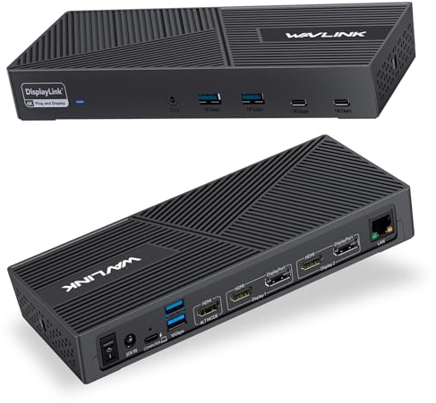 WAVLINK Displaylink Station d'accueil Universelle USB C, avec 3 x HDMI, 2 x DP, 100 W PD, Gigabit Ethernet, 6 × 10 Gbps USB-A&C, Audio, Microphone, Compatible avec Mac OS et Windows
