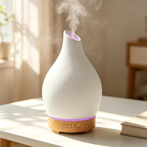 Essential Oil Diffuser Ceramic Aromatherapy Diffuser Humidifier 150ml Electric Aroma Diffuser with Auto Shut-Off, Ultrasonic Quiet 4 Timer Set 7 LED Lights for Home Office Gifts for Women