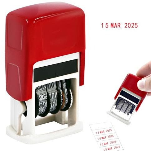 GWEOR Mini Sello Fecha Forma Huevo Tinta Roja, Formato DD.MM.YYYY, Para Oficina y Registro Diario, Fecha Huevo y Producción de Mermelada Casera