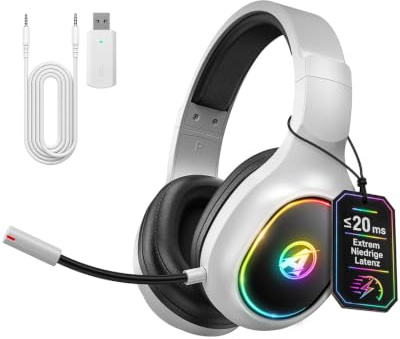 Awinnasey PH1 Kabelloses Gaming-Headset 50H Akku & Spielen beim Laden | 2.4GHz+BT(≤20ms), Surround Sound Kopfhörer Mit Mikrofon für Streaming, Kompatibel für PS5/PS4/Switch, Cremeweiß