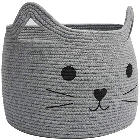 HiChen Large Woven Cotton Rope Storage Basket, Baby Laundry Basket Organizer for Towels, Blanket, Toys, Clothes, Gifts | Pet Gift Baskets for Cat, Dog - 15.7 L×11.8 H, Gray