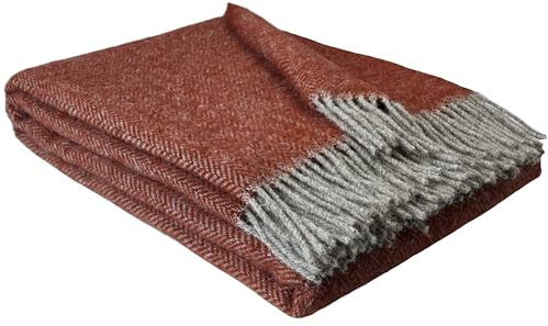 STTS International Wolldecke 100% Schurwolle Wohndecke in versch. Farben 140 x 200 cm Tagesdecke Schurwolldecke Woll-Plaid Nord (A Taupe-Ketchup), 140 x 200 cm
