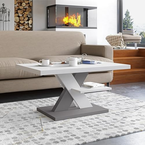 Viosimc Tavolino da Salotto Moderno Bianco e Grigio con Ripiano Tavolo Soggiorno Elegante, Complemento Arredo Contemporaneo 90x60x45 cm