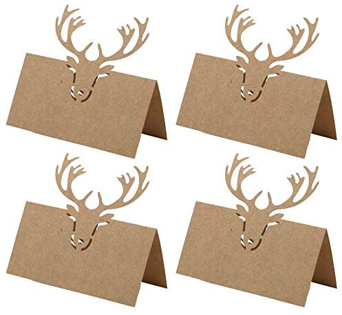 50Pcs Place Cards for Table, Kraft Christmas Card Holder Christmas Table Name Place Card, Antler Table Name Cards Christmas Table Settings for Wedding Supplies or Party Favor