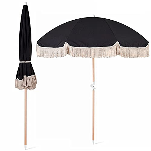 YXW 200cm Sonnenschirm mit fransen Strandschirm UV-Schutz 50+ Gartenschirm Sonnenschutz Neigefunktion, Holz Mast, 8 Rippen, ohne Ständer(Schwarz)