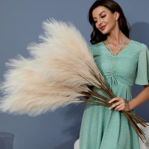 FOTEEWL 8 PCS Faux Pampas Grass Decor 38/3.1FT Tall Fake Pompas Floral Large Artificial Pompous Grass Branches Plants for Floor Vase Filler Home Boho Decoration (Cream/Beige)