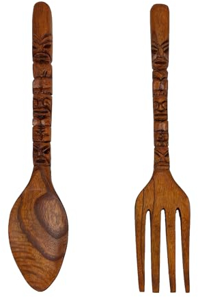 Zeckos Décoration murale en bois sculpté avec cuillère et fourchette - 40,6 cm de haut - Parfait pour les cuisines ou les salles à manger - Breloque île tropicale