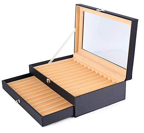 SHZICMY Schreibgeräte Sammlerbox, 24/36 Pcs Display Box Aufbewahrungsbox Geeignet für Stifte, Kugelschreiber, Pens, Leder&Flanell Penbox Veranstalter mit Glasfenster Schubladen (24-bit Schwarz)