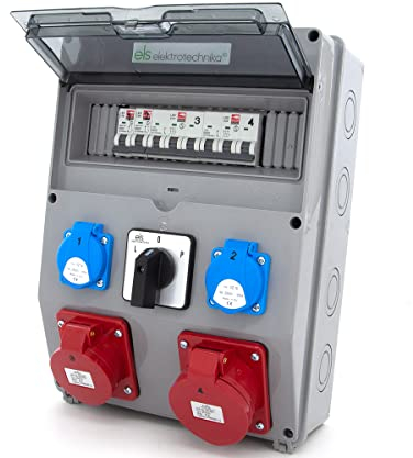 ELS Elektrotechnika Distributore di corrente da parete 2x230V Schuko + 2 LS, CEE 16A + LS, CEE 32A + LS, con interruttore a camme da 32A L-0-P, cablato, pronto per il collegamento, per cantieri IP44