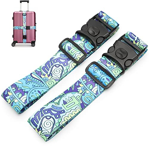 2 Stück Koffergurt, Kofferband Einstellbare, Personalisierter Gepäckgurt mit verschließbarer Schnalle für Koffer Gürtel Reisetasche (Blaue Blume)