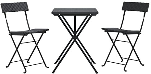 vidaXL Bistro Set 3-TLG., Klappbar Gartenmöbel Set, Essgruppe mit Stahlrahmen, Balkonset Sitzgruppe Garnitur Klapptisch, Schwarz Poly Rattan