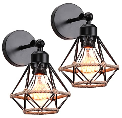 PETITES ECREVISSES 2 Packs Appliques Murales Industrielles Vintages Plafonniers Luminaires Interieur en Métal et Chanvre Corde Lampe Murale Rétro Réglable Design pour Cuisine Salon Chambre