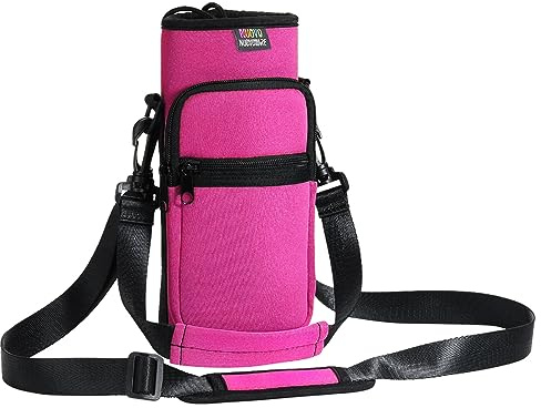 Nuovoware Borsa per Borraccia in Neoprene 750ml, Custodia per Bottiglia con Tracolla Regolabile Maniglia e Tasche Borsa Portatile Porta Borraccia per Ciclismo, Campeggio, Magenta