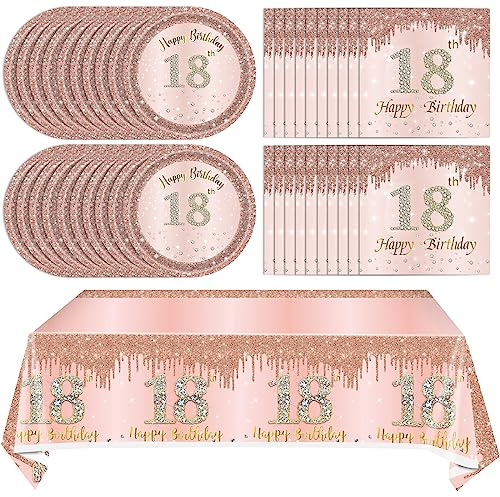 41Pcs 18th Birthday Decorations for Girls Her, Rose Gold Birthday Party Supplies Include 20Pcs Plates 20Pcs Napkins and 1Piece Tablecloth, Rose Gold Princess Party Tableware for 20 Guests