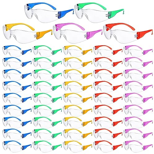 Sratte 100 Pack Safety Glasses Bulk Protective Eyewear Goggles Eye Protection for Men Women Work Science Lab Construction(Rainbow Colors)