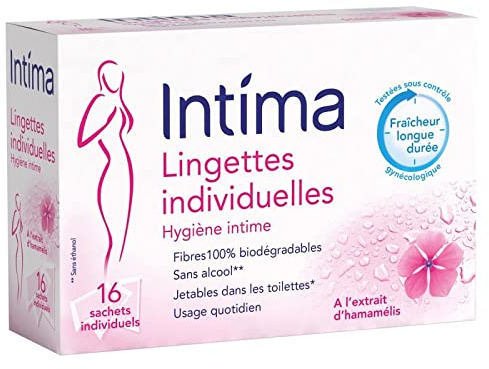 INTIMA Lingettes Hygiène Intime - 16 Sachets Individuels, Pratiques et Douces pour votre Toilette Intime - Lot De 4