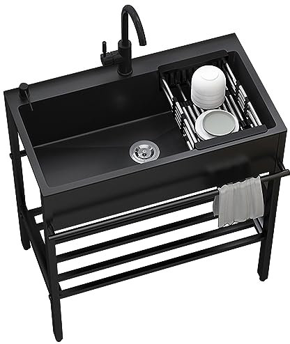 Lavabo da Esterno, Lavello Cucina Mobile 1 vasca, Lavandino da Campeggio Giardino, Nero Lavatoio in Acciaio Inox con Scolapiatti, Rubinetto, Lavelli Commerciale Autoportante, per Interni Esterni ( Siz