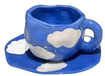 Service à Café Peint à la main le ciel bleu et les nuages ​​blancs tasse à café avec soucoupe en céramique à la main tasse à thé soucoupe ensemble cadeau mignon for elle Porcelaine Anglaise ( Size : 2