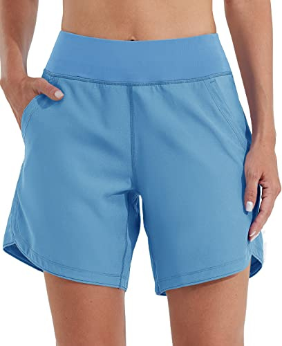 WILLIT Badshorts dam badbyxor simning boardshorts snabbtorkande sommar bikini shorts hög midja trunks UPF50+ UVA skydd 7 tum med foderfickor, blå, 46