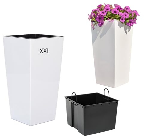 Übertopf Blumenkübel Blumentopf Hochglanz mit Einsatz Hoch (Weiß, XXL-67cm)