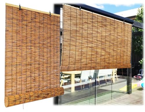Bambusrollo Outdoor Vorhang Wetterfest, Bambus Sichtschutzrollo Ohne Bohren 60cm 80cm 100cm 120cm Breit Sonnenschutz Verdunklungsrollo für Balkon Terrasse Veranda Pergola