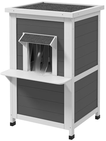 PawHut Katzenhaus aus Holz, 2-Stöckige Outdoor Katzenhöhle, Winterfeste Katzenhütte mit Türvorhang, Kleintierhaus mit Erhöhtem Design, für Balkon, Garten, 60 x 60 x 81,5 cm, Grau, Weiß