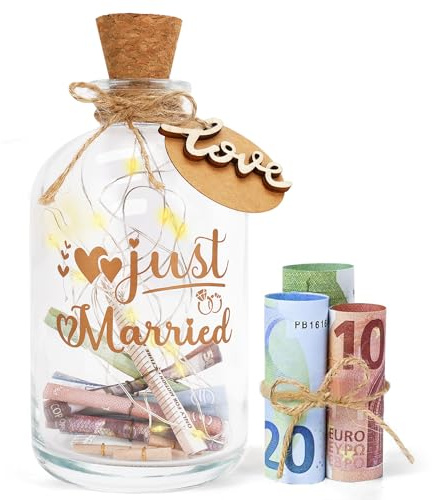 Hochzeitsgeschenke Geld Leuchtflasche für Brautpaar und Frisch Verliebte, LED Flaschenlicht Hochzeit Just Married Personalisiert Geldgeschenke Hochzeit Hochzeitskasse Spardose