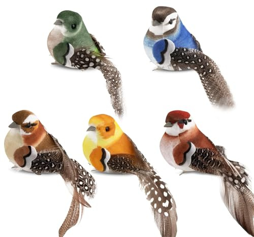 JRYGAC 5 Stück Vogel Deko Figuren Künstliche Vögel Deko mit Clip Bunt | Vogelfigur mit Halterungsklammer Mini Vogel Dekofigur für Garten Frühling Deko Party Dekoration