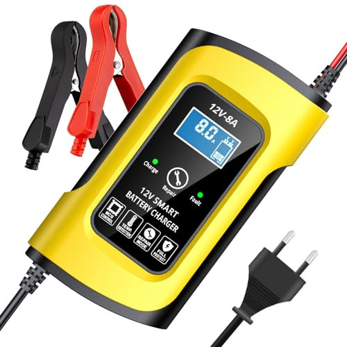 12 V/8 A Autobatterieladegeräte , intelligentes Impulsreparaturladegerät, Temperaturkompensation, Intelligentes Ladegerät Autobatterie, Autobatterie-Erhaltungsladegerät mit digitaler LCD-Anzeige