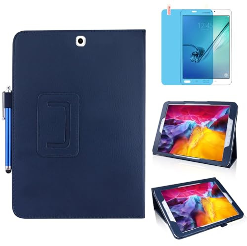 Schlankes Leder Hülle für Samsung Galaxy Tab A 9.7 Inch 2015 (SM-T550 T555 P550 P555), Mehrwinkel Ständer Voll schützendes Tablette Cover,Mit Stylus Pen,Bildschirm Film (Blue)