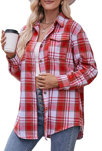Maeau - Chemisier Femme Manches Longues Chemise Carrée à Carreaux Boutonné Décontractée Chemisier Blouse T-Shirt Classique Oversize Chemise Shopping - Rouge - XL