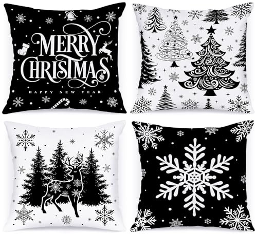 Lanpn 40 x 40 cm 4 Stück Kissenbezug Weihnachten, 40x40 cm Weihnachtsbäume Kissenbezüge Weihnachtsdeko, Schwarz deko Weihnachtsbäume Zierkissenbezug, Winter Kissenhülle Dekoration für Sofa Bed Couch