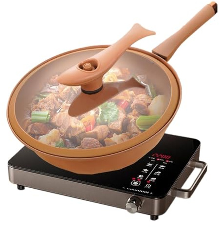 Padella Wok antiaderente con coperchio | Cottura a vapore e frittura | Wok in Ferro Strutturato con Fondo piato, Compatibile con Induzione, Elettrico, gaas, Ceramica, per una Cottura Facile e Versatil