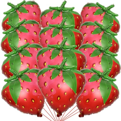 12 Stück Erdbeer Luftballons, Erdbeer Ballons, Folienballon Obst, Rot Strawberry Ballon, Strawberry Folienballon Mottopartys Dekorationen, für Weihnachten Geburtstag Dekoration