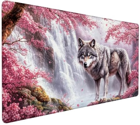 Rosa Mauspad 600 x 300 x 3 mm,XXL Gaming Mauspad Wolf,Verlängertes Groß Mauspad Schreibtischauflage,Wasserdicht Mauspad,Genähte Kanten Mauspad,rutschfeste Gummibasis,Mauspad Gamer,Geschenk Y-218