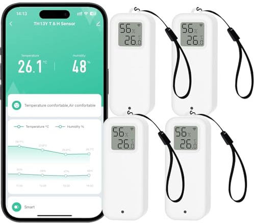 PHOVOLT WLAN-Thermometer-Hygrometer-Sensor mit Digitalanzeige, kabelloser intelligenter Temperatur- und Feuchtigkeitsmonitor mit Benachrichtigungsalarm per Remote-App für Zuhause, Gewächshaus (4pack)