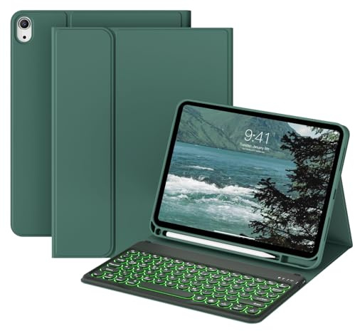 GKABXY Case with Keyboard for New iPad (A16) 10th/11th Generation, 10.9/11 inch (2022/2025) Soft TPU Back with Pen Holder, 7 Colors Backlit Detachable Folio Keyboard case, Auto Sleep/Wake, Dark Green