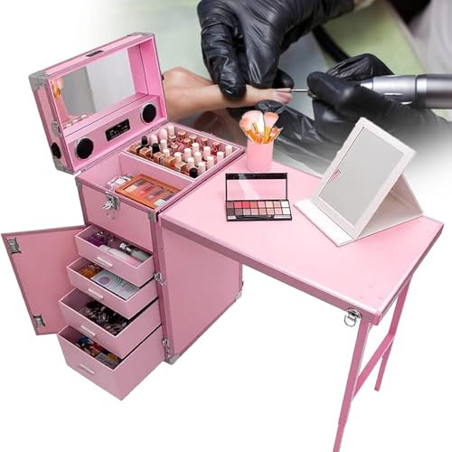 Tragbarer Professioneller Nageltisch, ManiküRetisch Auf Rollen, Faltbarer Make-Up-Koffer für Nagelstation, mit Schubladen/Spiegel/Bluetooth-Lautsprecher für Bewegliches Make-Up-Nagelstudio,Rosa