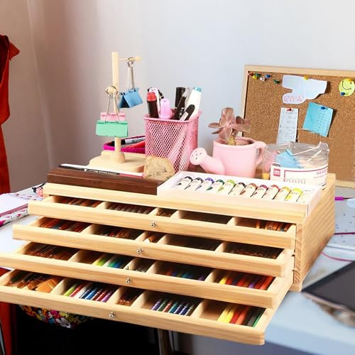 Aufbewahrungsbox für Künstlerbedarf mit abnehmbaren Trennwänden,Premium Buche Holz Art Storage Box,Kunstwerkzeugkasten für Bleistifte für Pastellstifte,Bleistifte,Stifte (4 Schubladen 40*25.5*11.2cm)