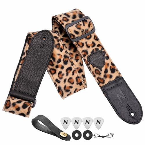 Nefelibata Gitarrengurt, Doppeltes Vollnarbenleder, Vintage Velvet Strap/FREE BONUS-4 Plektren+Strap Locks, Geschenk für Bass- und Elektrogitarren (Kleinschrift Leopard)